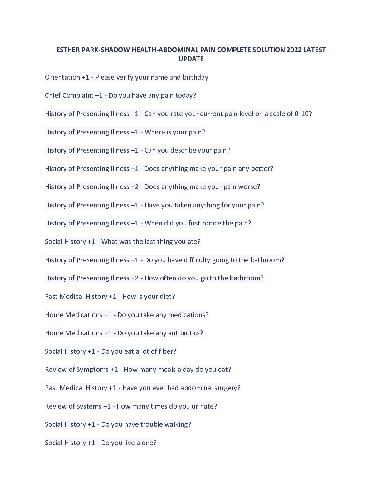 Preview image for ESTHER PARK-SHADOW HEALTH-ABDOMINAL PAIN COMPLETE SOLUTION 2022 LATEST  UPDATE